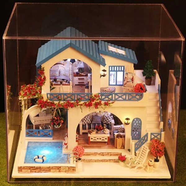Casa per Bambole in Legno Miniatura DIY con LED e Protezione Antipolvere 29x20x22 cm