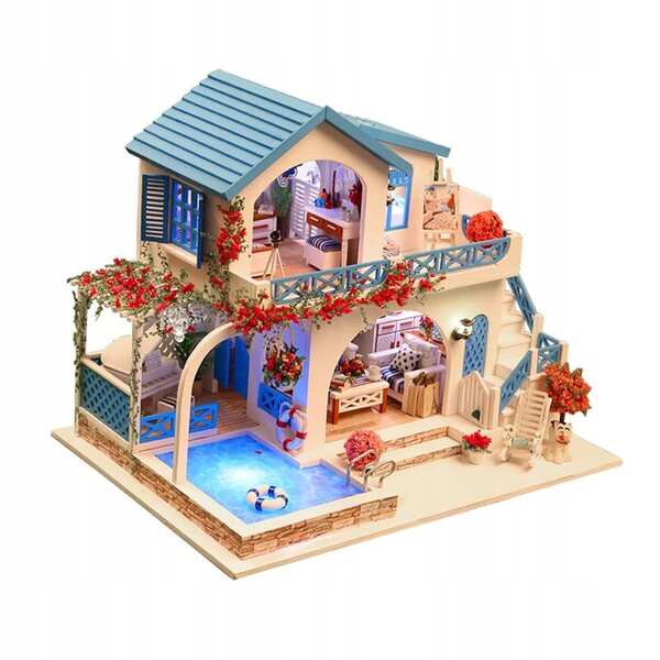 Casa per Bambole in Legno Miniatura DIY con LED e Protezione Antipolvere 29x20x22 cm