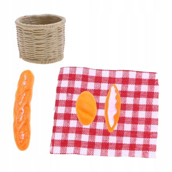Miniaturesæt 1/12 picnickurv og brød til dukkehus i træ