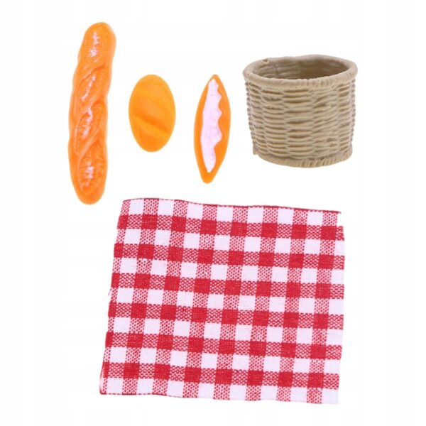 Miniaturesæt 1/12 picnickurv og brød til dukkehus i træ