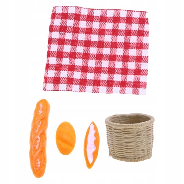 Miniaturesæt 1/12 picnickurv og brød til dukkehus i træ