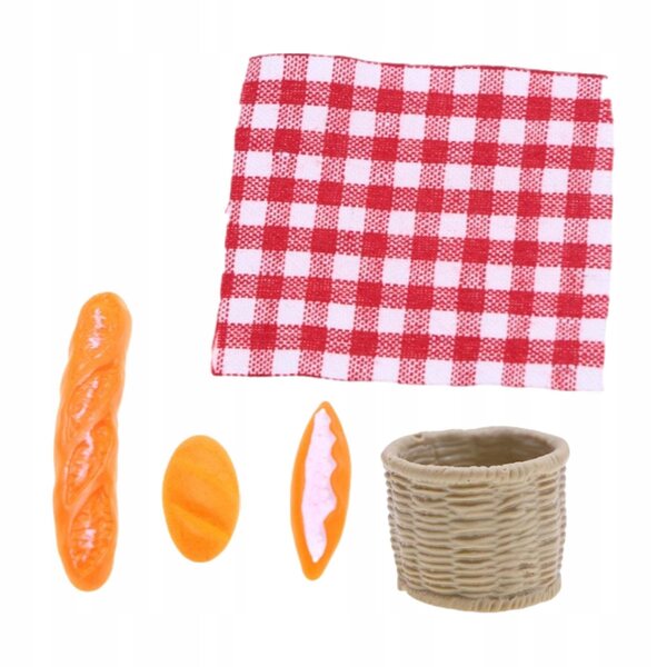 Miniaturesæt 1/12 picnickurv og brød til dukkehus i træ