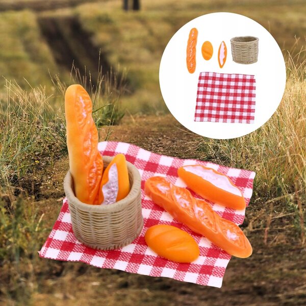 Miniaturesæt 1/12 picnickurv og brød til dukkehus i træ