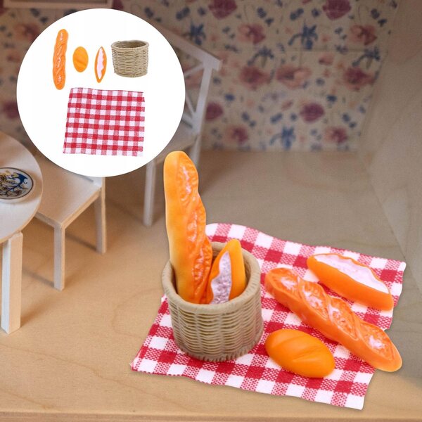 Miniaturesæt 1/12 picnickurv og brød til dukkehus i træ