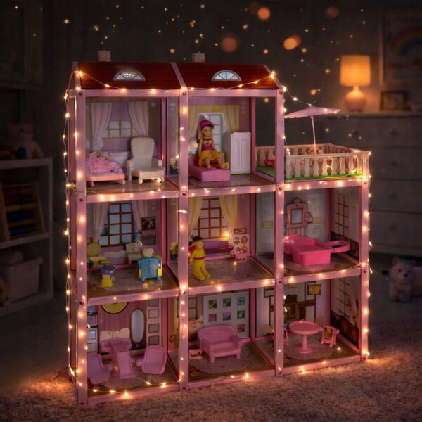 3-stöckiges XL-Puppenhaus mit LED-Beleuchtung und kompletter Ausstattung