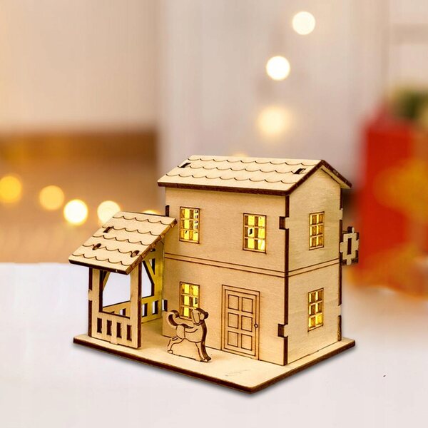 Casetta in legno non finita per villaggio natalizio con luci LED 10,5x8,3x8 cm