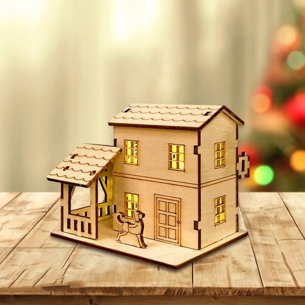 Casetta in legno non finita per villaggio natalizio con luci LED 10,5x8,3x8 cm