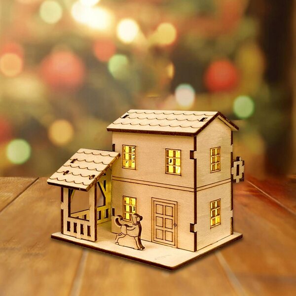 Casetta in legno non finita per villaggio natalizio con luci LED 10,5x8,3x8 cm