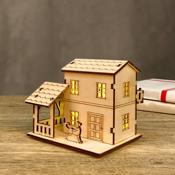Casetta in legno non finita per villaggio natalizio con luci LED 10,5x8,3x8 cm