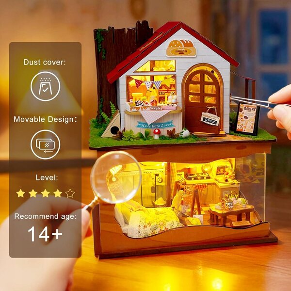 DIY Puppenhaus-Bäckerei mit LED-Beleuchtung und Abdeckung – Selbstbau-Set