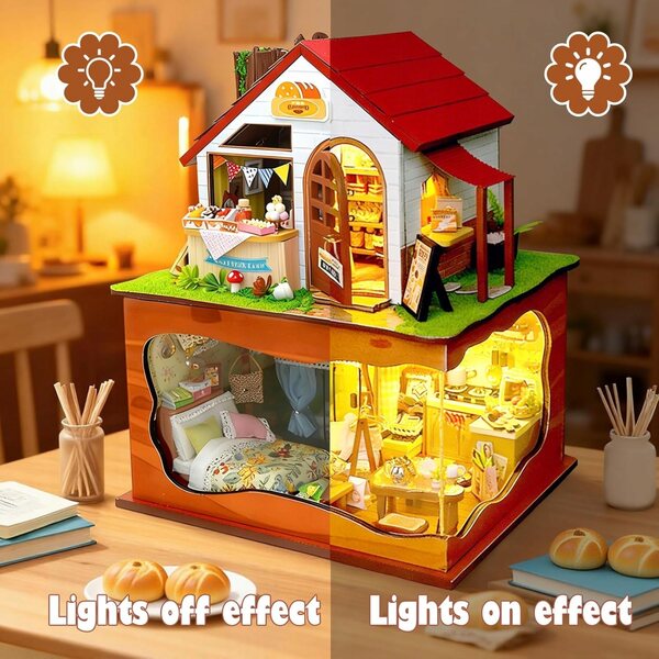 DIY Puppenhaus-Bäckerei mit LED-Beleuchtung und Abdeckung – Selbstbau-Set