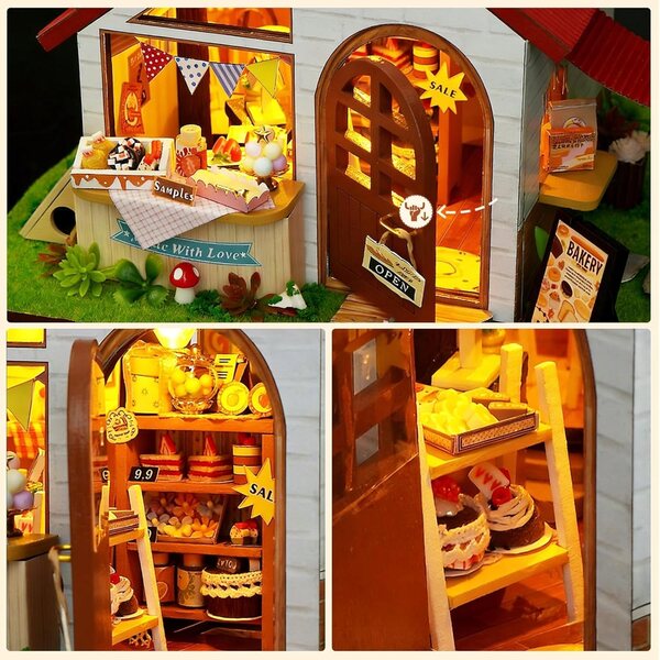 DIY Puppenhaus-Bäckerei mit LED-Beleuchtung und Abdeckung – Selbstbau-Set
