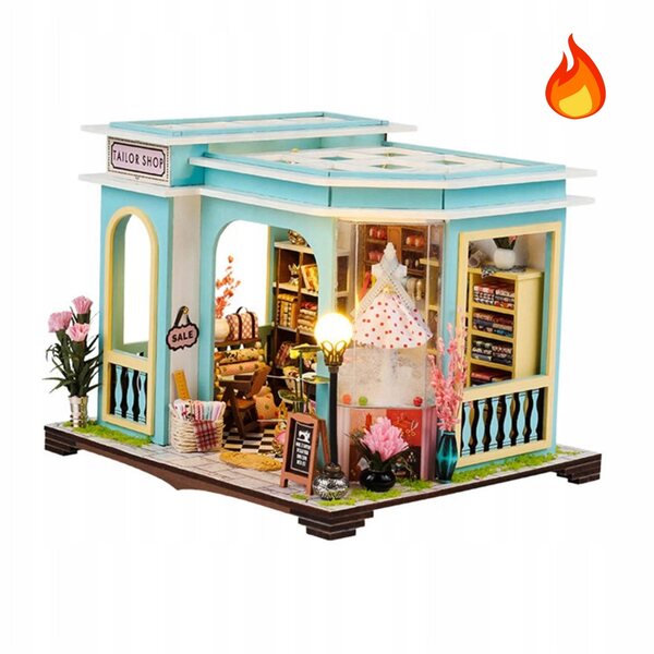 Miniatura negozio di sartoria in legno con illuminazione LED - kit fai da te
