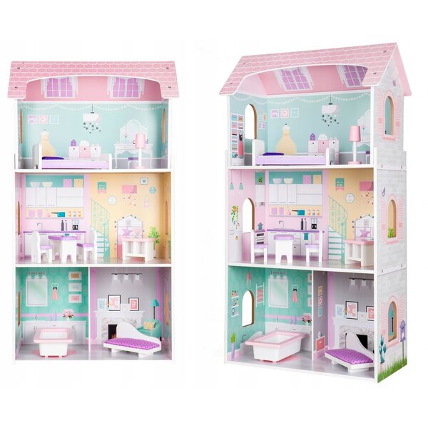 Grande Casa di Legno per Bambole con 4 Stanze e 8 Mobili Rimovibili, Sicura per Bambini