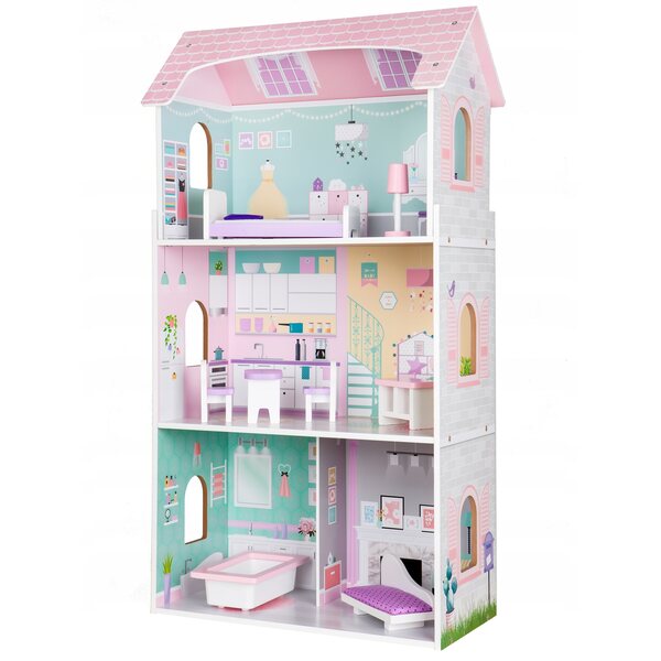 Grande Casa di Legno per Bambole con 4 Stanze e 8 Mobili Rimovibili, Sicura per Bambini