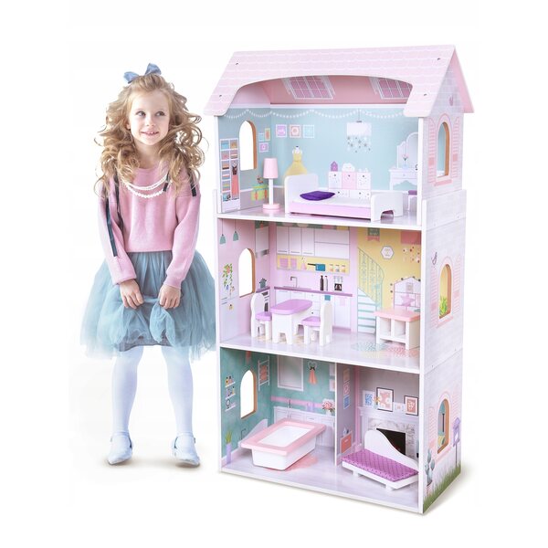 Grande Casa di Legno per Bambole con 4 Stanze e 8 Mobili Rimovibili, Sicura per Bambini