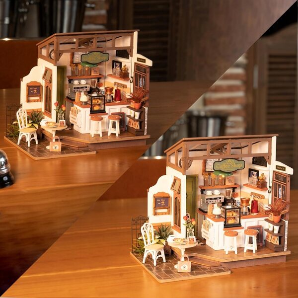 Kawiarnia Miniatura in Legno con LED - Casa delle Bambole DIY Creativa