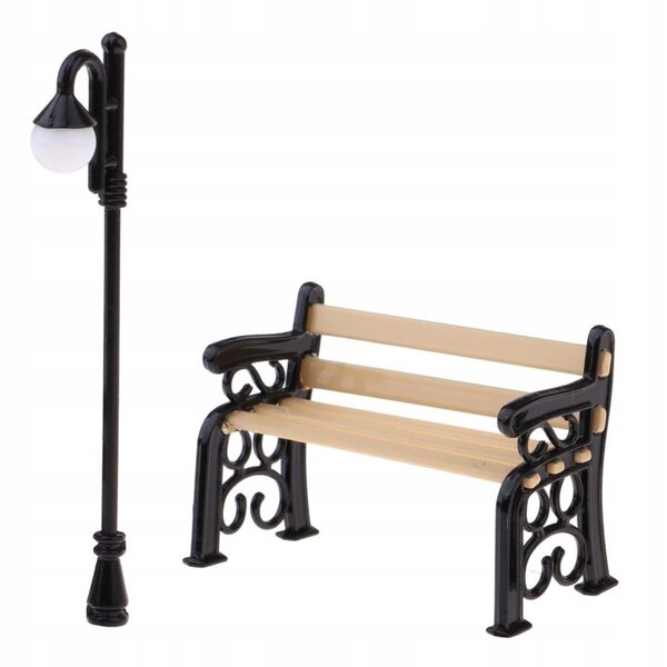 Lampadaires miniatures et banc en métal pour maison de poupées 1:12