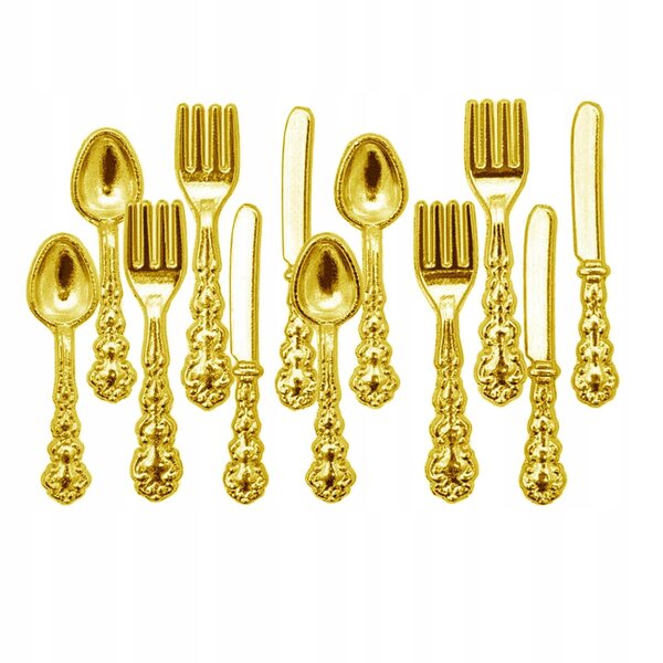 Set mit 12 goldenen Miniaturbestecken für Puppenhäuser im Maßstab 1:12