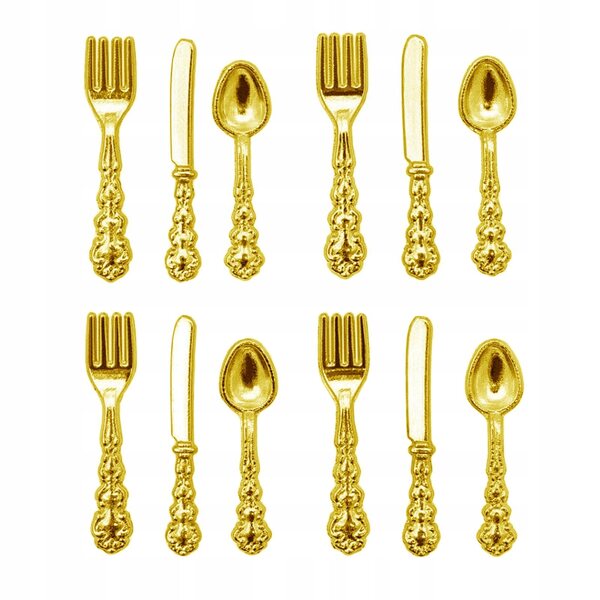 Set mit 12 goldenen Miniaturbestecken für Puppenhäuser im Maßstab 1:12