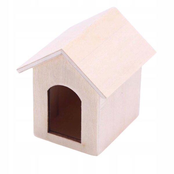 Ein Miniaturhaus aus Holz im Maßstab 1:12 für einen Hund und eine weiße Katze