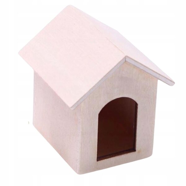 Ein Miniaturhaus aus Holz im Maßstab 1:12 für einen Hund und eine weiße Katze