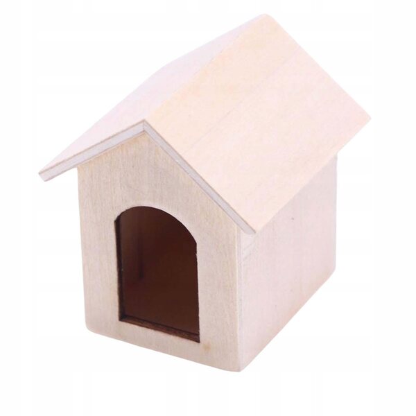 Ein Miniaturhaus aus Holz im Maßstab 1:12 für einen Hund und eine weiße Katze