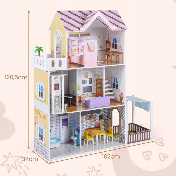 Costway 120,5 cm 3-stöckiges Puppenhaus aus Holz für Kinder ab 3 Jahren