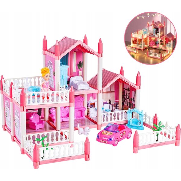 casetta per bambole con 21 accessori rosa, 5 stanze e luci colorate per bambini