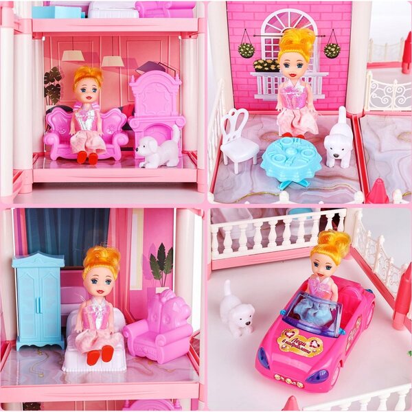 casetta per bambole con 21 accessori rosa, 5 stanze e luci colorate per bambini