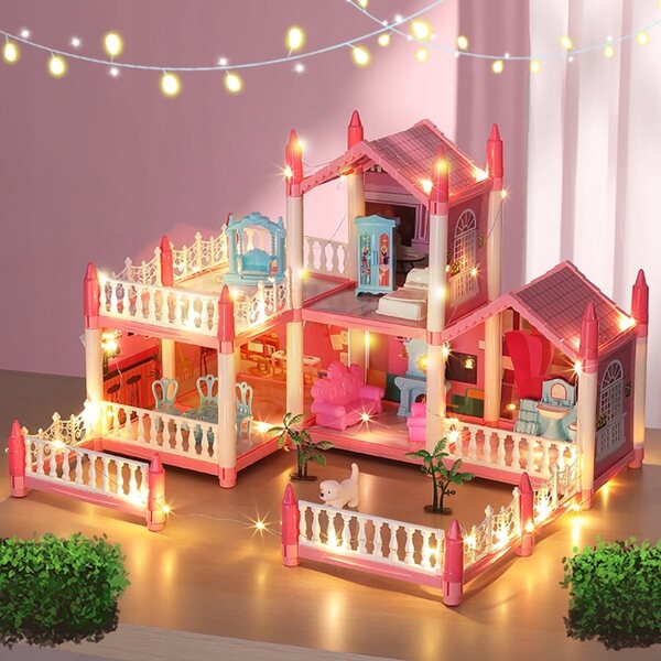 casetta per bambole con 21 accessori rosa, 5 stanze e luci colorate per bambini