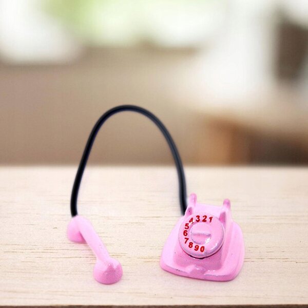Retro Telefon Miniature 1:12 til Dukkehus i Pink Metal