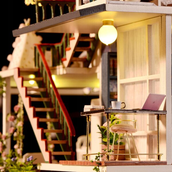 Maison de poupée en bois avec ensemble de meubles et éclairage LED DIY