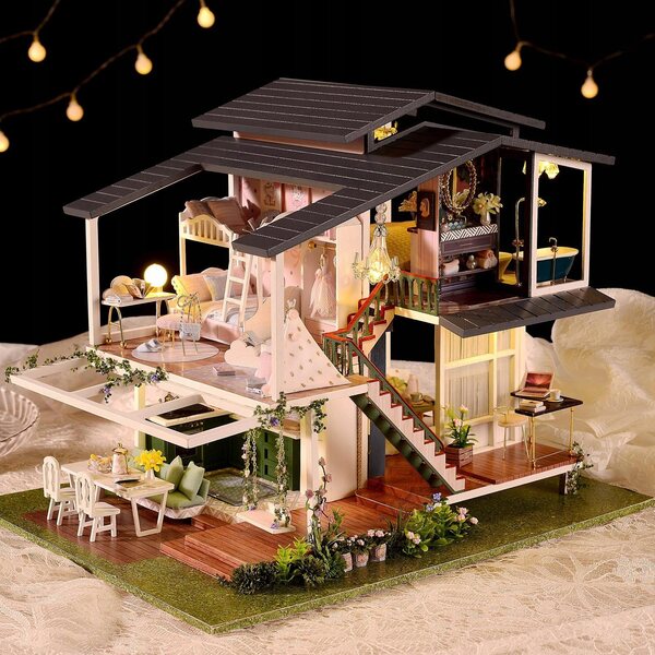 Maison de poupée en bois avec ensemble de meubles et éclairage LED DIY