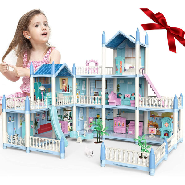 Grande villa per bambole 3 piani con mobili e accessori, casa gioco blu