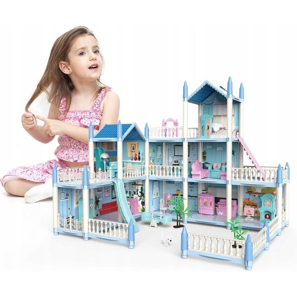 Grande villa per bambole 3 piani con mobili e accessori, casa gioco blu