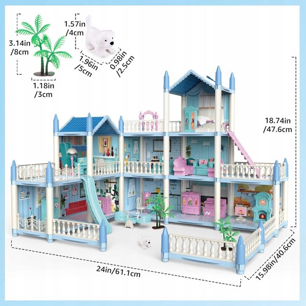 Grande villa per bambole 3 piani con mobili e accessori, casa gioco blu