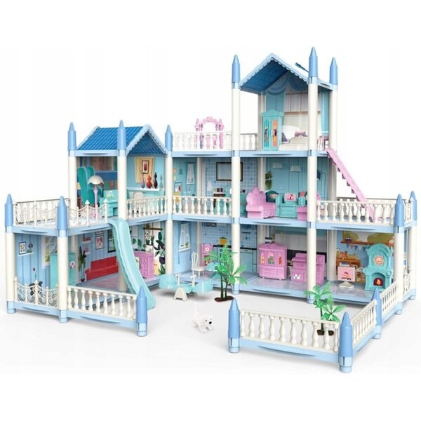 Grande villa per bambole 3 piani con mobili e accessori, casa gioco blu
