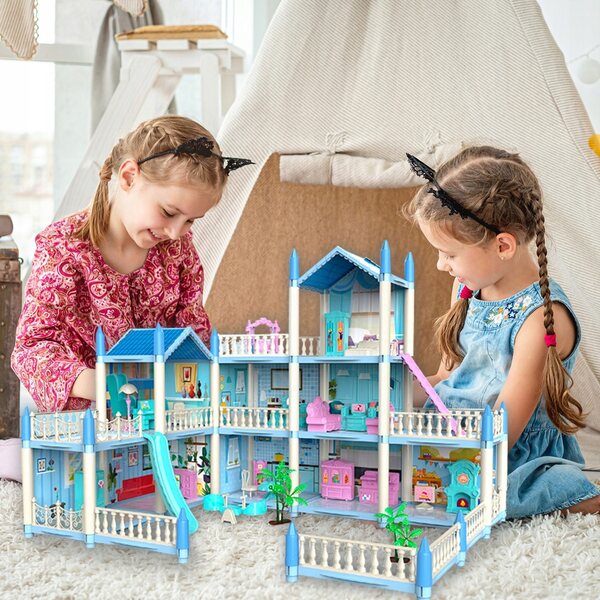 Grande villa per bambole 3 piani con mobili e accessori, casa gioco blu
