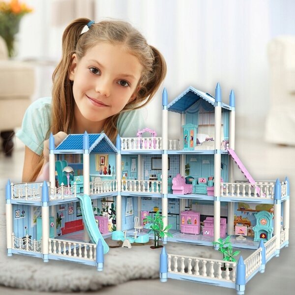 Grande villa per bambole 3 piani con mobili e accessori, casa gioco blu