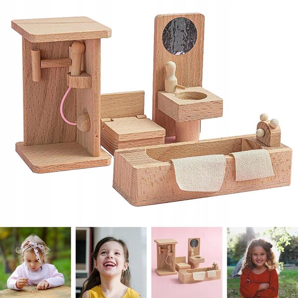 Holzmöbel-Set für Puppenhaus – Badezimmer, Schlafzimmer und Wohnzimmer