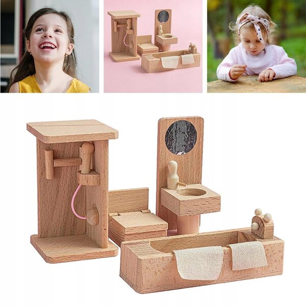 Holzmöbel-Set für Puppenhaus – Badezimmer, Schlafzimmer und Wohnzimmer