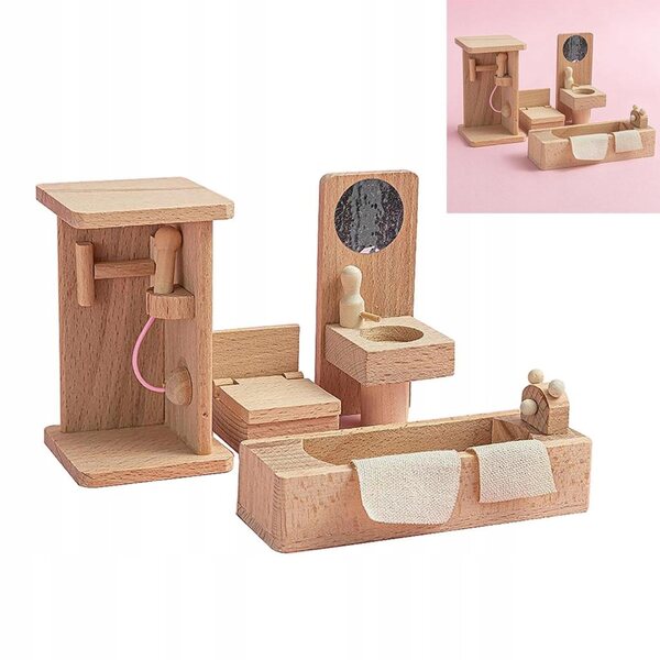 Holzmöbel-Set für Puppenhaus – Badezimmer, Schlafzimmer und Wohnzimmer