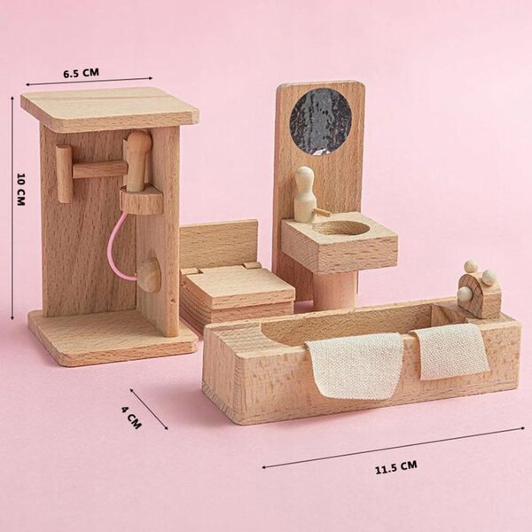 Holzmöbel-Set für Puppenhaus – Badezimmer, Schlafzimmer und Wohnzimmer