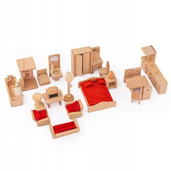 Holzmöbel-Set für Puppenhaus – Badezimmer, Schlafzimmer und Wohnzimmer