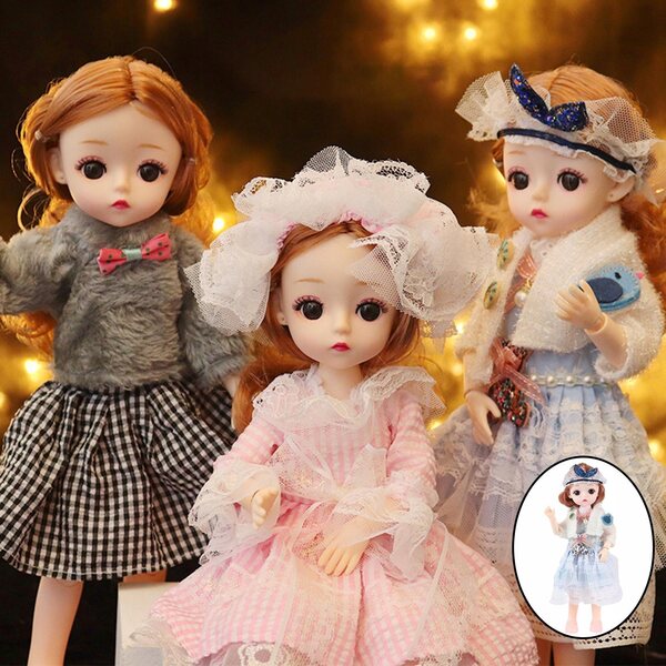 BJD-Puppe, 30 cm, 1/6, Mädchen mit großen Augen und abnehmbarem blau-weißem Kleid