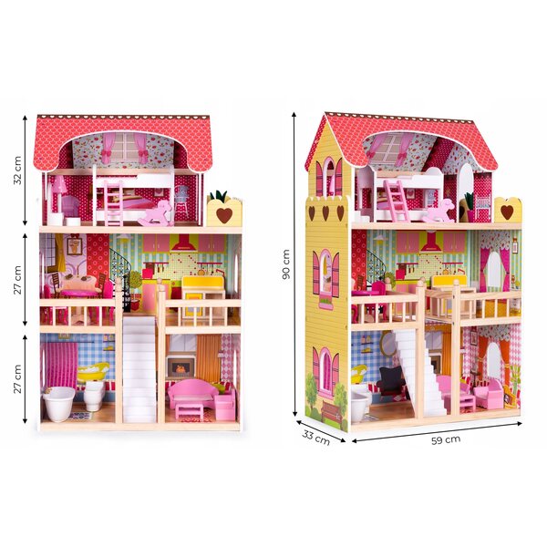 3-stöckiges Puppenhaus aus Holz mit Möbeln – Ökospielzeug, sicher und langlebig