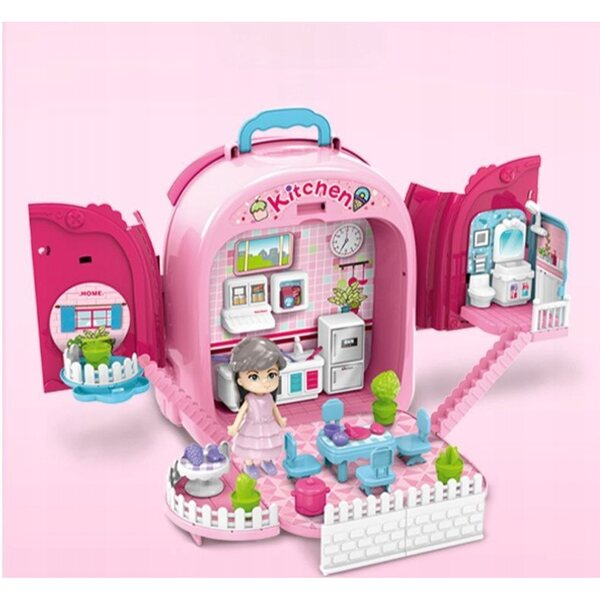 3-in-1-Puppenhaus-Set mit tragbarer Küche im Rucksack für Kinder