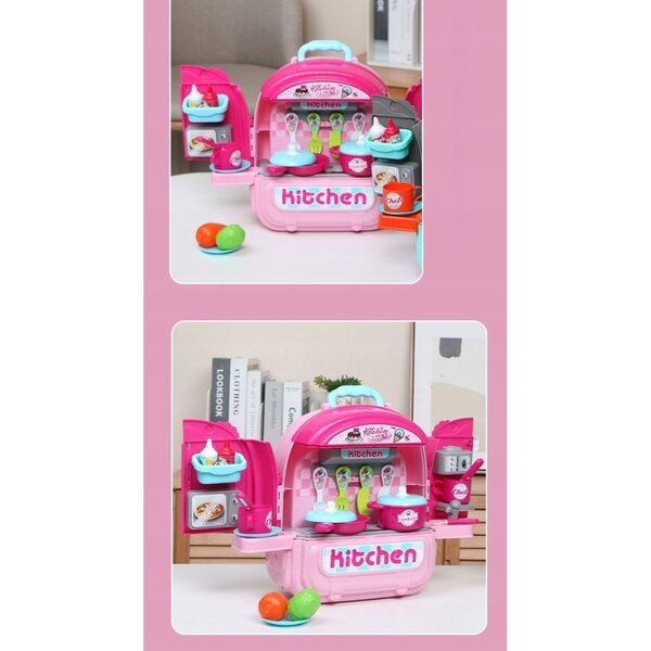 3-in-1-Puppenhaus-Set mit tragbarer Küche im Rucksack für Kinder