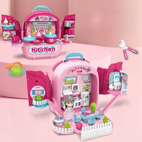 3-in-1-Puppenhaus-Set mit tragbarer Küche im Rucksack für Kinder